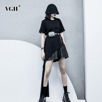 VGH Casual Asymmetrical T Shirts For Women O Neck Short Sleeve Patchwork Mesh T-Shirt Tops Female Fshion Clothes 2020 Summer New